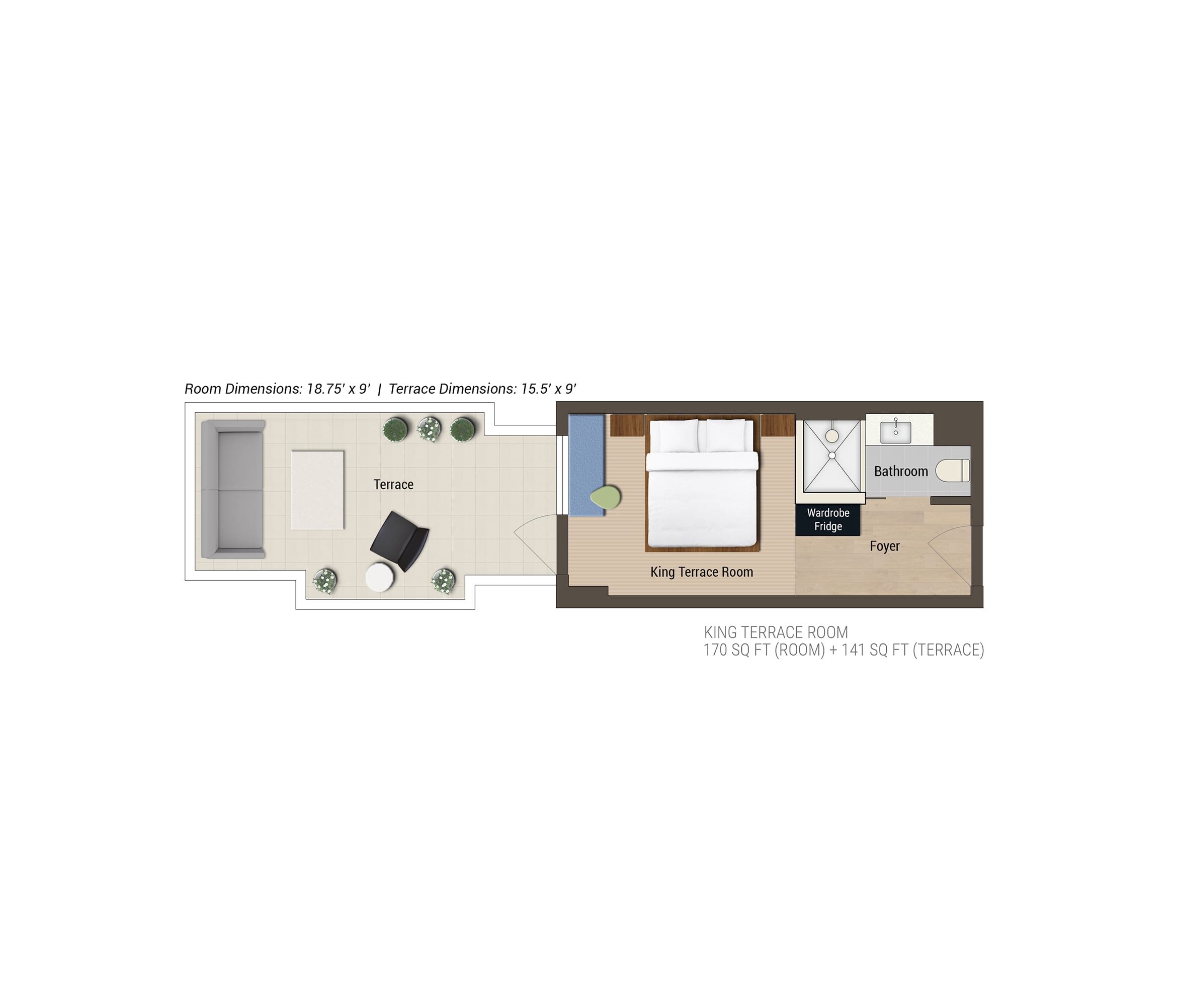 Arlo Midtown Terrance King hotel room floorplan